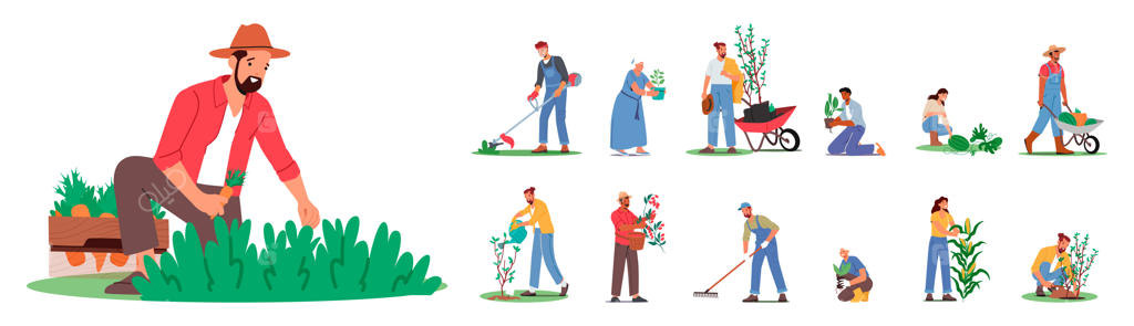 مجموعه شخصیت‌های باغبان و پرورش زیبایی طبیعت با دستان ماهر و پیوند عمیق با خاک؛ تصویرسازی وکتور کارتونی از کاشت درخت و گیاه در مناظر سرزنده