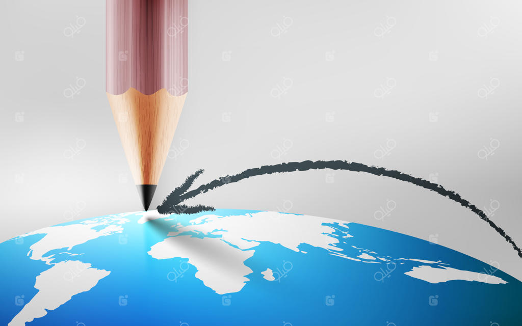 کشیدن پیکان و اشاره به نقشه جهان روی کره زمین: مفهوم برنامه‌ریزی و هدف‌گذاری