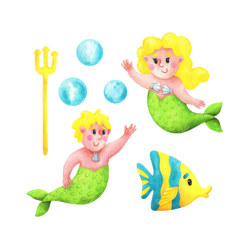 دختر پری دریایی و پسر با موهای زرد، ماهی، نیزه و حباب‌ها - مجموعه‌ای از تصاویر کارتونی برای کودکان