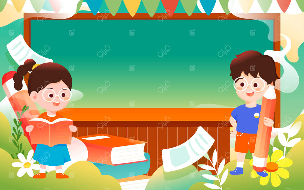 کودکان شاد در راه مدرسه با کتاب‌ها و مدادها در پس‌زمینه، تصویر وکتور