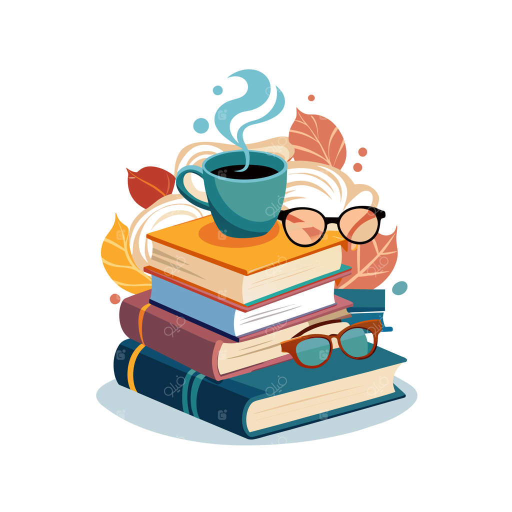 یک پشته از کتاب‌ها همراه با یک فنجان قهوه و کتابی در بالای همه