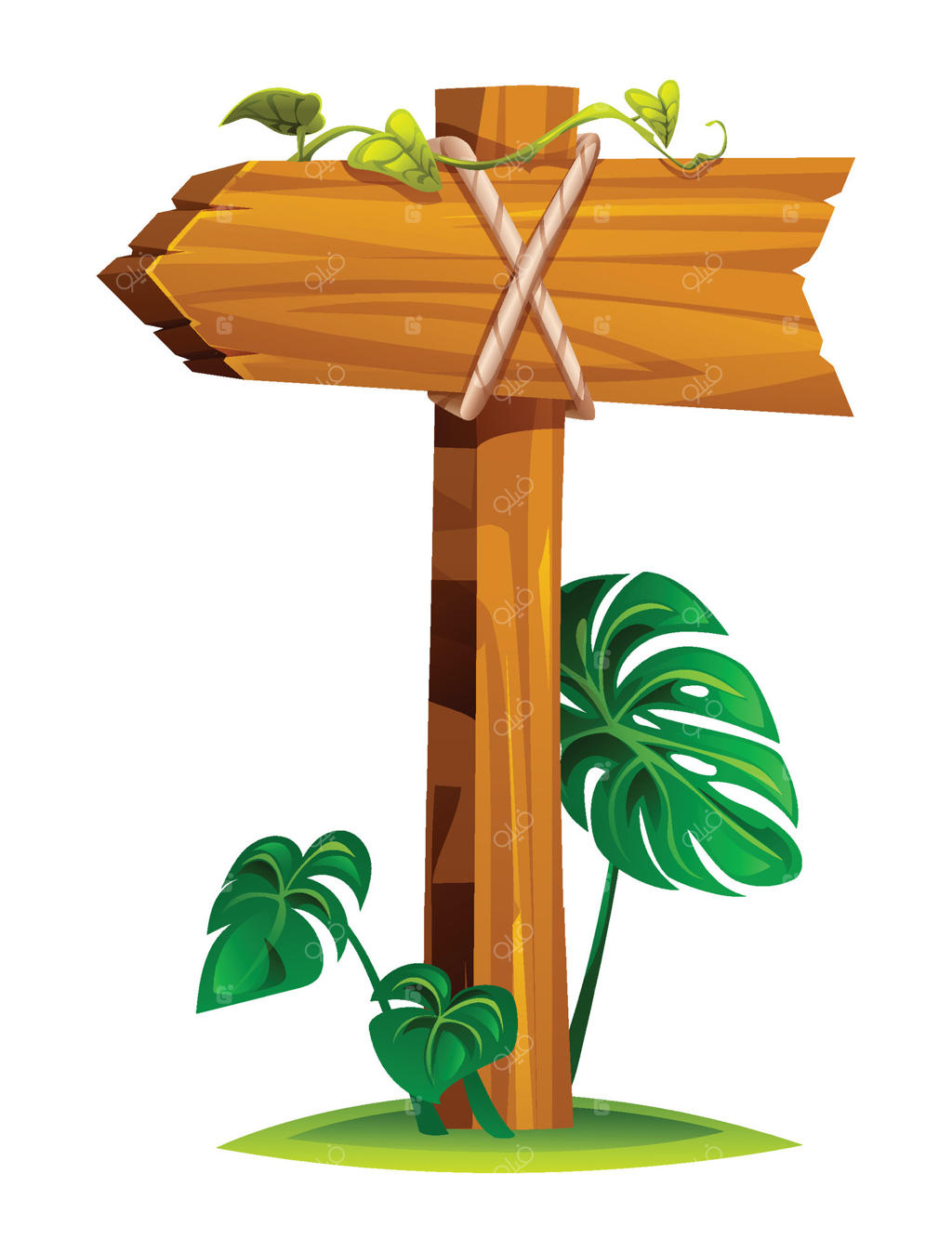 تابلوی چوبی فلش‌دار با طناب به سمت چپ اشاره می‌کند و با برگ‌ها و گیاهان گرمسیری احاطه شده است. تصویر کارتونی