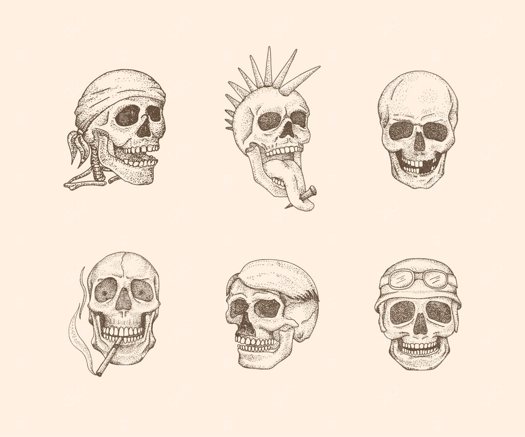 تصویر قدیمی جمجمه با سبک طراحی دستی.