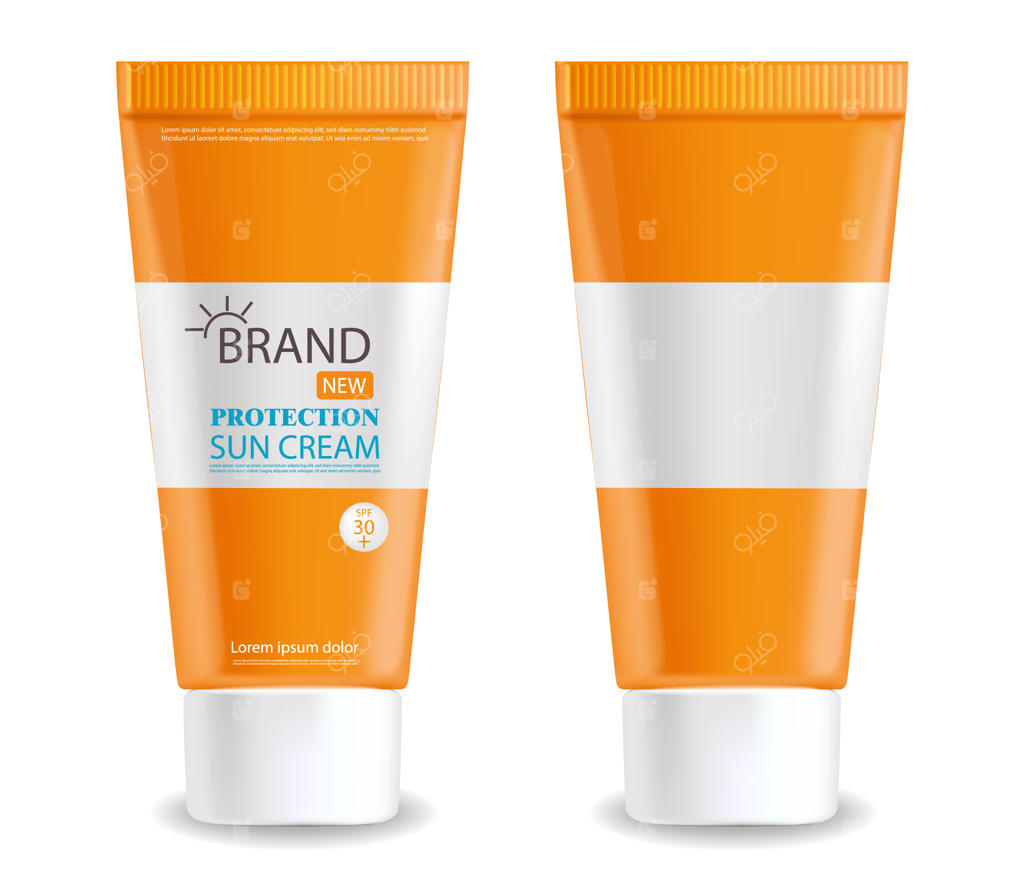 بطری کرم ضد آفتاب واقع‌گرایانه، پس‌زمینه سفید، بسته‌بندی، محافظت در برابر آفتاب، لوازم آرایشی تابستانی