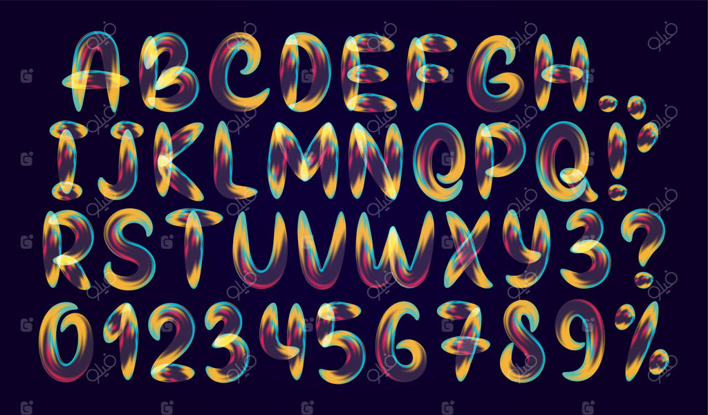 نامه‌های رنگارنگ و روان: فونتی با حروف الفبای مایع و ذوب‌شده. طراحی سه‌بعدی روی زمینه مشکی.