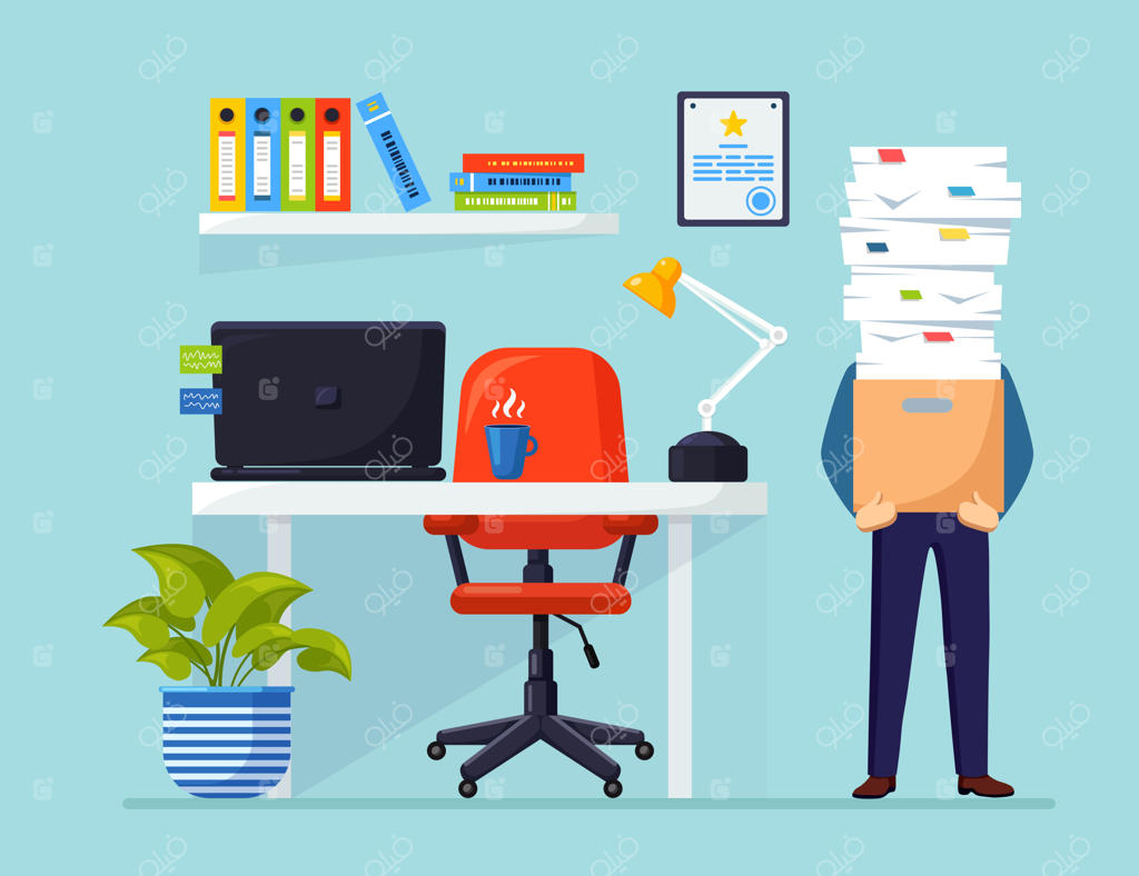 تاجر با انبوهی از اسناد در کارتن