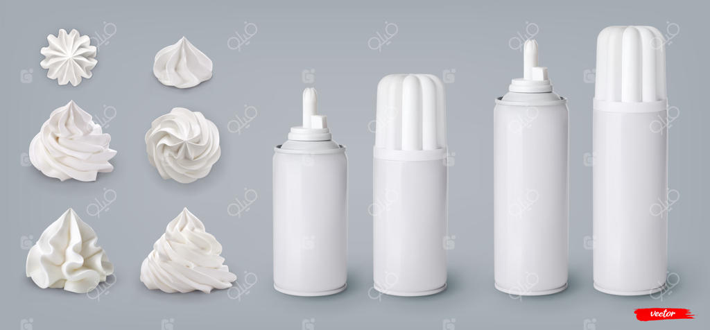 مجموعه‌ای از چرخش‌های خامه و قوطی‌های خامه روی زمینه خاکستری