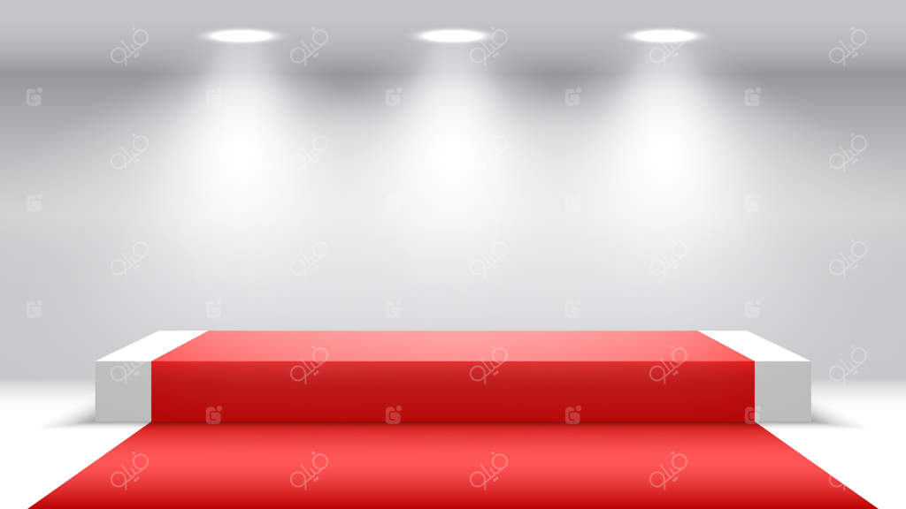 تریبون سفید با فرش قرمز و نورافکن‌ها. پایه خالی.