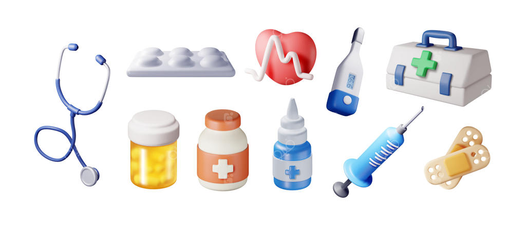 مجموعه آیکون‌های پزشکی سه‌بعدی و ایزوله؛ رندر لوازم درمانی شامل اسپری، قرص، جعبه کمک‌های اولیه، تب‌سنج، سرنگ، ضربان قلب و گوشی پزشکی؛ مفهوم مراقبت‌های بهداشتی، بیمارستان و تشخیص پزشکی