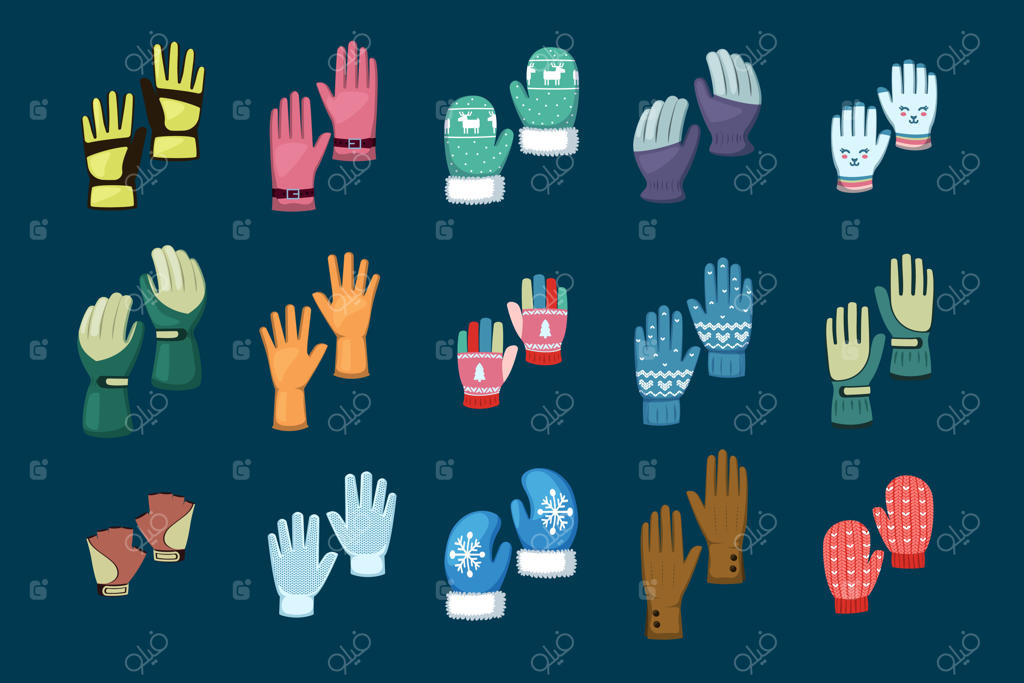 تصاویر وکتور دستکش‌های زمستانی پارچه‌ای و رنگارنگ