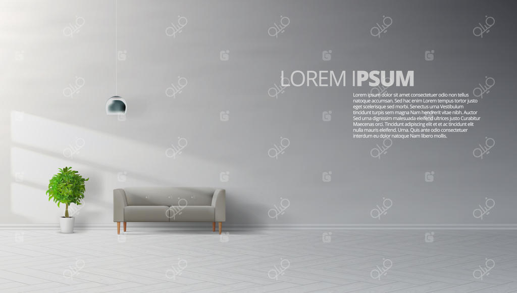 طراحی داخلی اتاق نشیمن با دیوارهای تمیز، مبل خاکستری، لامپ و گیاه