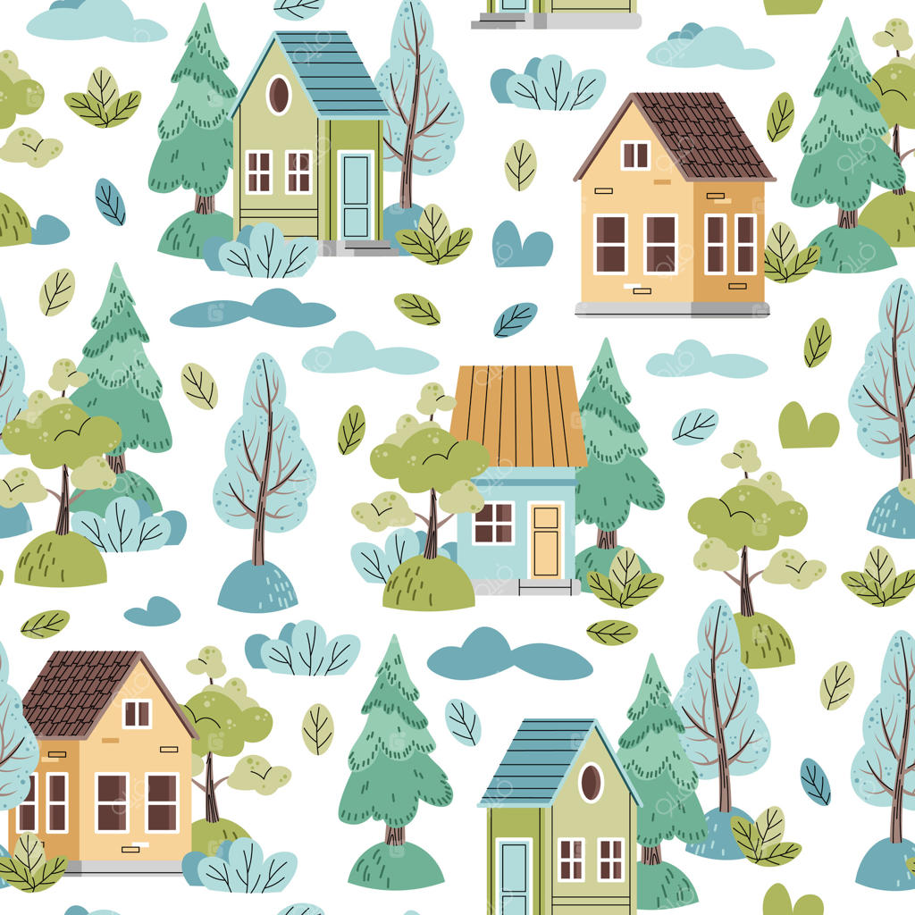 الگوی یکپارچه با خانه‌های رنگارنگ و درختان جنگلی به سبک تخت. پس‌زمینه‌ای کودکانه با خانه‌های روستایی، درختان کاج و ابرها. بافت کارتونی مناسب برای پارچه، کاغذ دیواری و لباس.