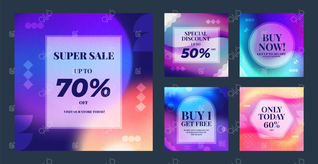 مجموعه پست‌های اینستاگرام با گرادیان دستی و بافت دانه‌دار