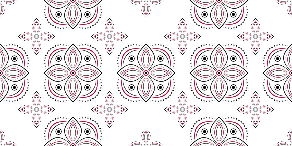 طرح‌های هندسی بی‌وقفه قومی: عناصر گلدار سیاه و قرمز بر روی زمینه سفید. تزئینات گیاهی به سبک سنتی روستایی. پس‌زمینه تزئینی با عناصر مربعی.