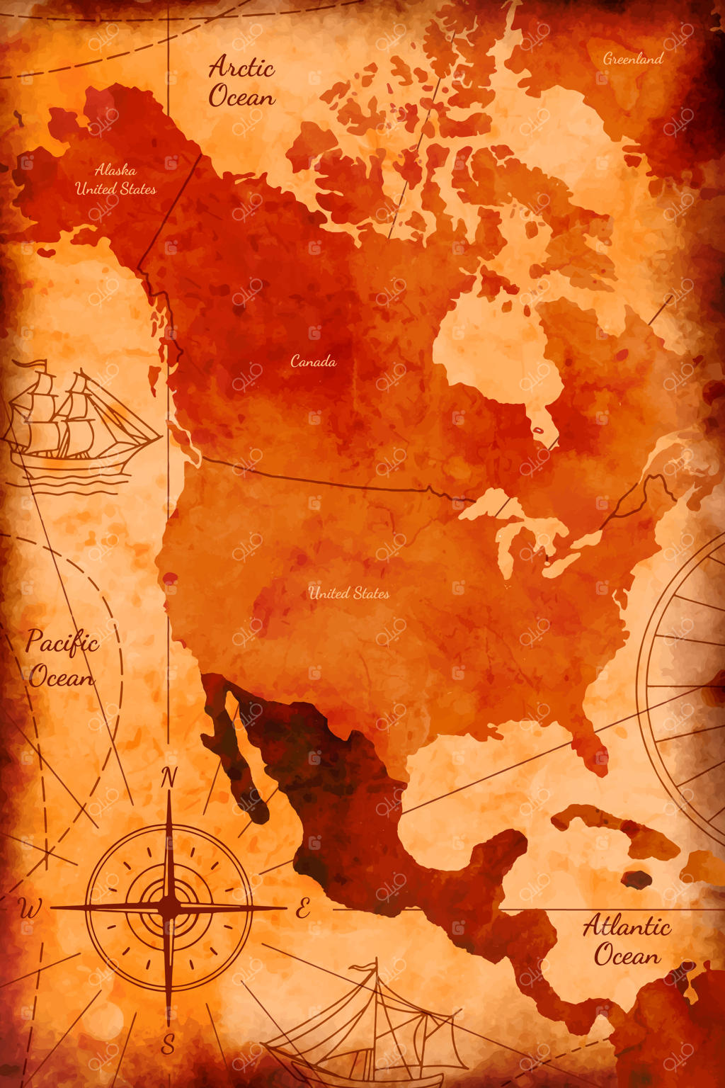 تصویرسازی نقشه قدیمی آمریکا با آبرنگ