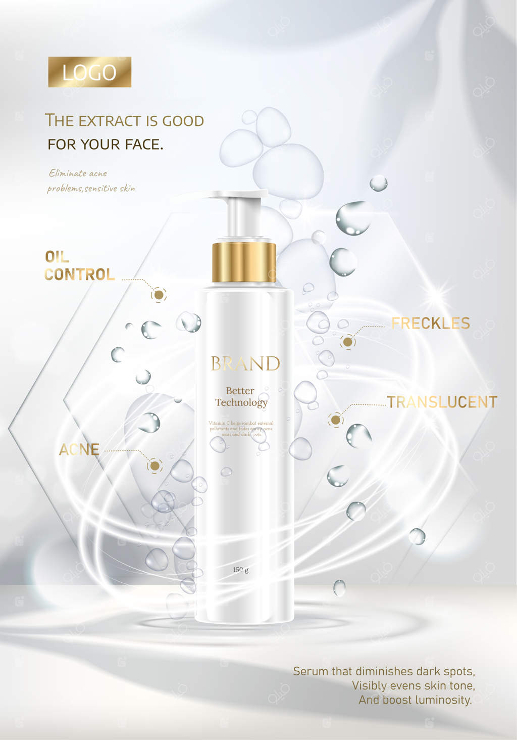 مجموعه تبلیغات آرایشی: طراحی پس‌زمینه لوکس طلای سفید با پترن علمی ساختار مولکولی DNA