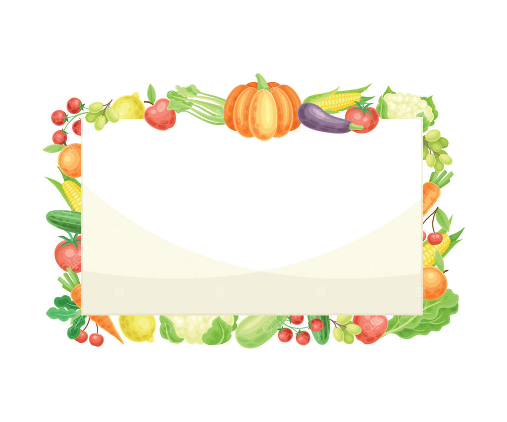 قاب مستطیلی رنگارنگ میوه‌ها و سبزیجات با تصویر گونه‌های تازه باغچه‌ای