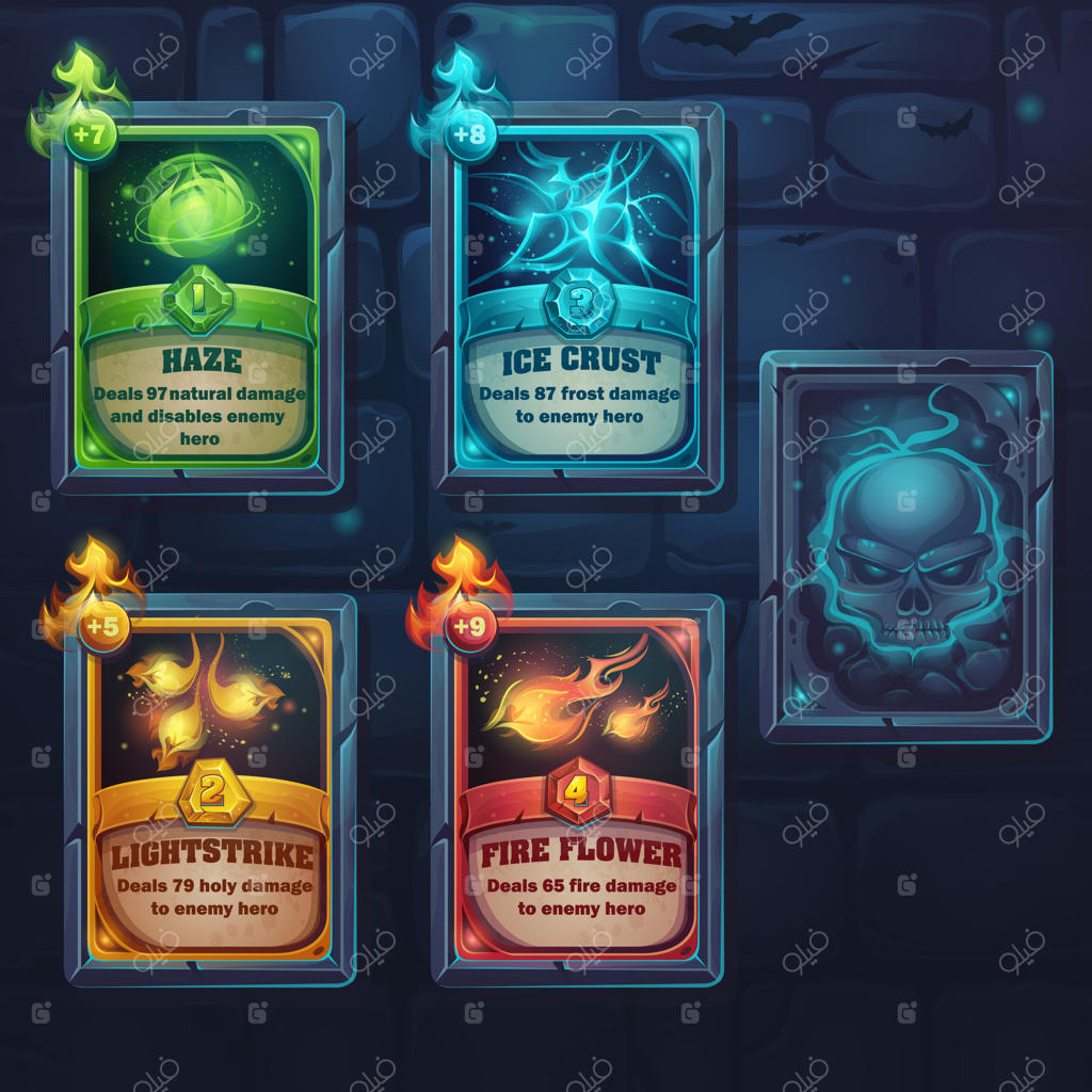 طراحی کارت‌های جادویی طبیعت، یخ، آتش و روشنایی برای بازی‌ها و رابط کاربری