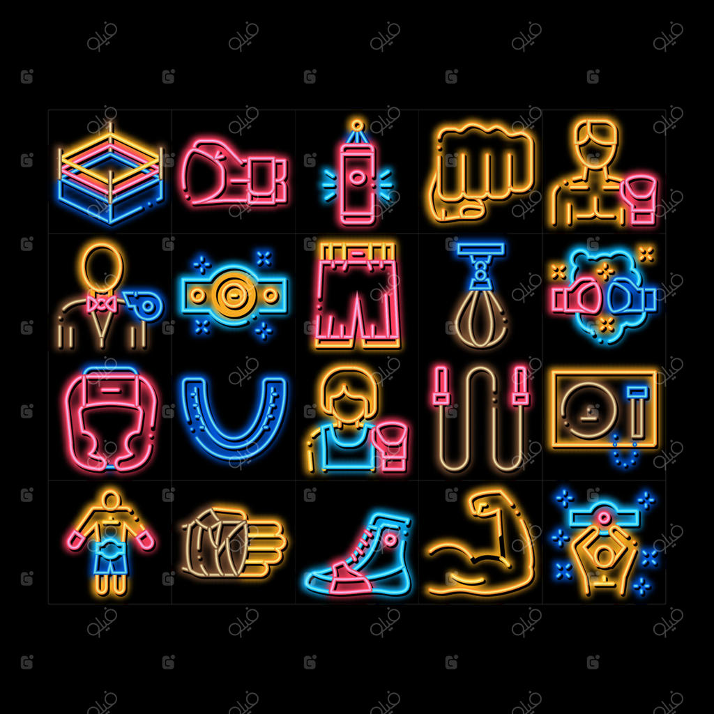 تصویرسازی آیکون نئونی و درخشان تجهیزات ورزش بوکس