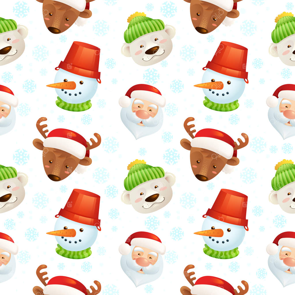 پترن یکپارچه شخصیت‌های کریسمس با بابانوئل، گوزن، آدم‌برفی و خرس قطبی