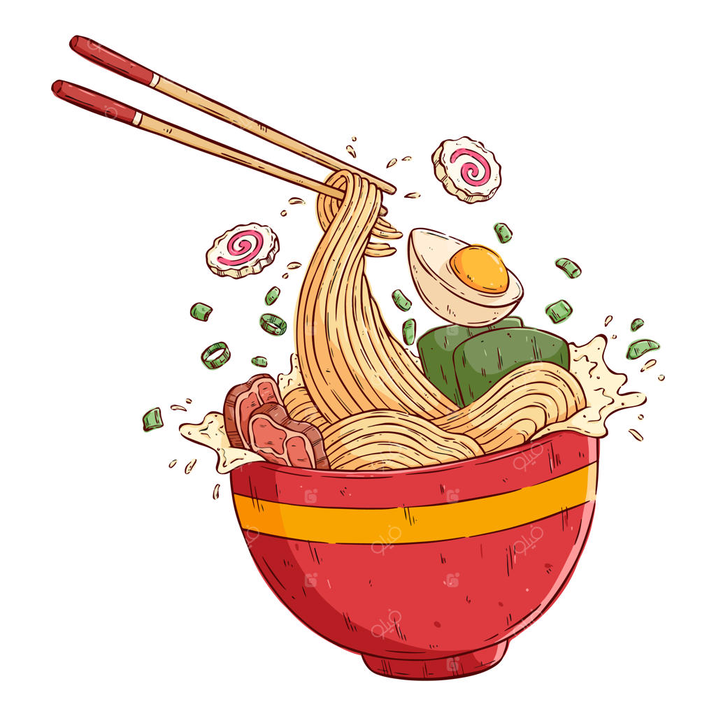 نودل آسیایی خوشمزه یا رامِن ژاپنی با طراحی دستی رنگارنگ