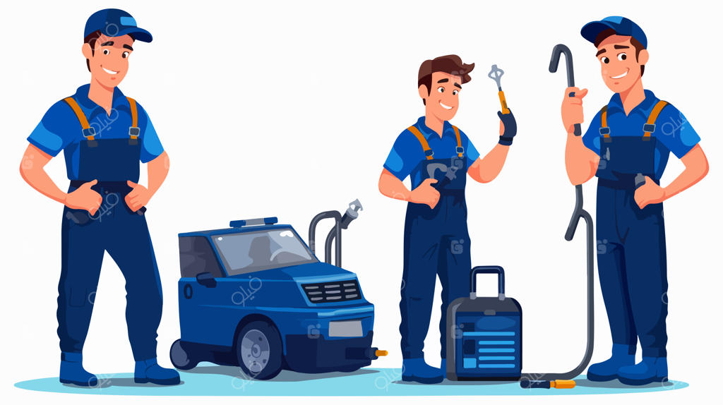 نقاشی کارتونی یک مرد و مردی با جعبه‌ابزار به همراه ماشینی با یک ابزار در وسط