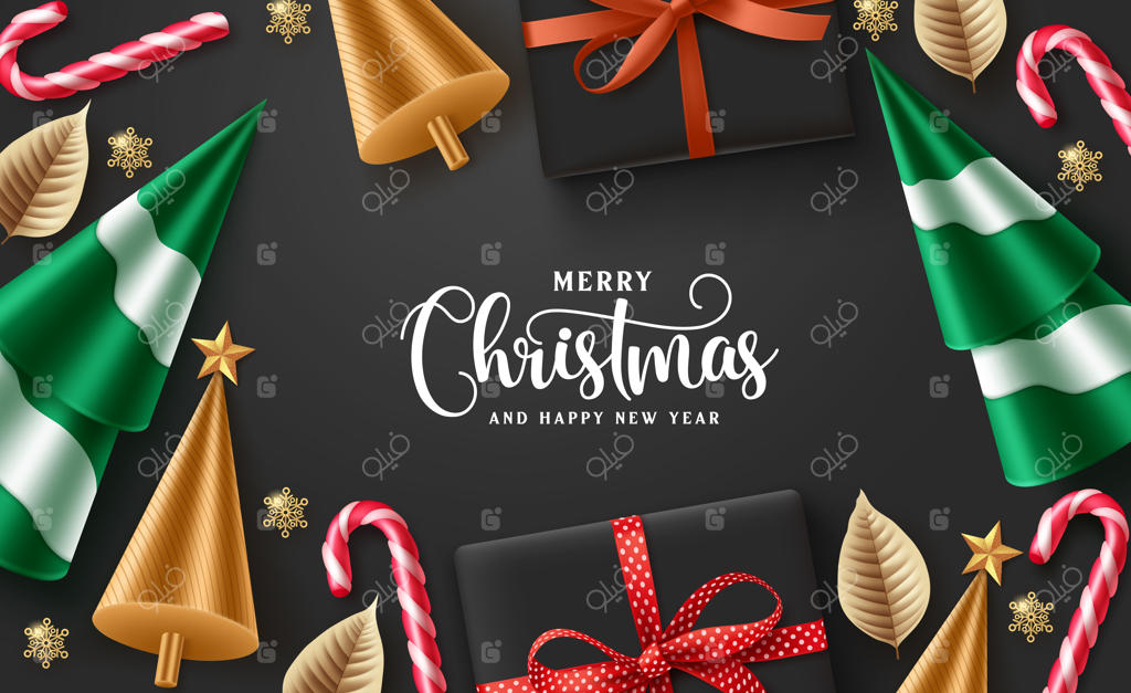 پس‌زمینه وکتور کریسمس: طراحی متن تبریک با تزئینات و عناصر ویژه کریسمس