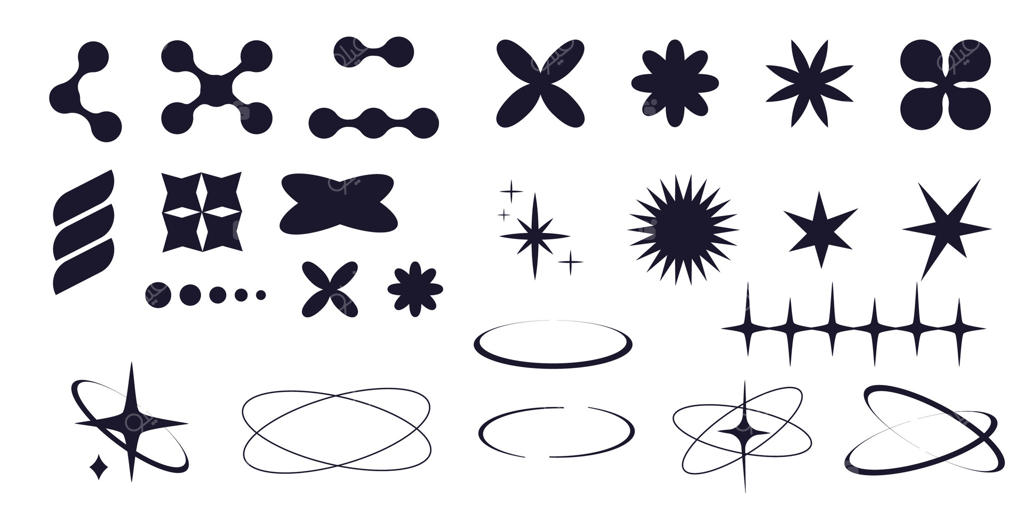 مجموعه‌ای از اشکال هندسی مینیمال دوران Y2K: خطوط نازک و حلقه‌ها، عنصر زیبایی‌شناسی انتزاعی برای طراحی بنرها، شبکه‌های اجتماعی و پوستر. طراحی مدرن با قاب، درخشش، ستاره و خطوط.