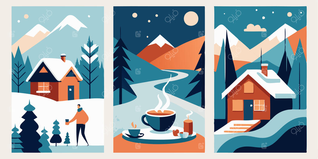 چشم‌انداز زمستانی با خانه‌ای، یک فنجان قهوه و کوهستان