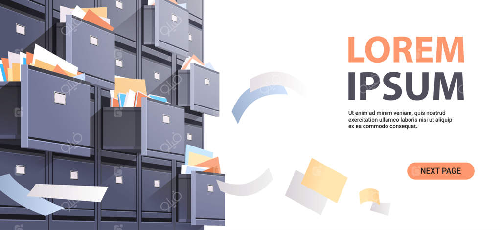 کابینت بایگانی اداری با کاتالوگ کارت باز و اسنادی در حال پرواز - مفهوم ذخیره‌سازی آرشیو داده‌ها و مدیریت کسب‌وکار و فضای خالی برای متن، تصویرسازی افقی وکتور