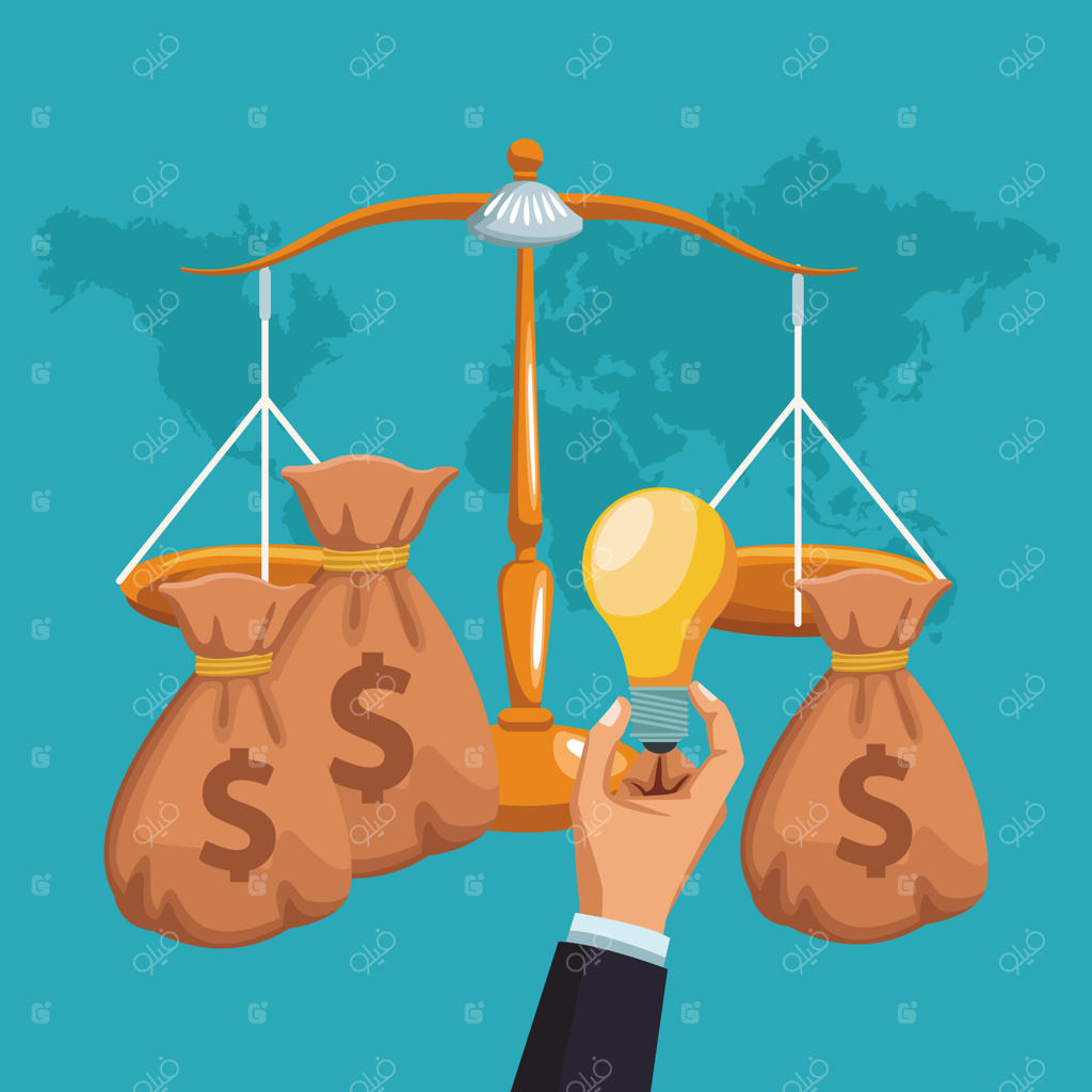 دست با لامپ و کیسه‌های پول در ترازوی عدالت