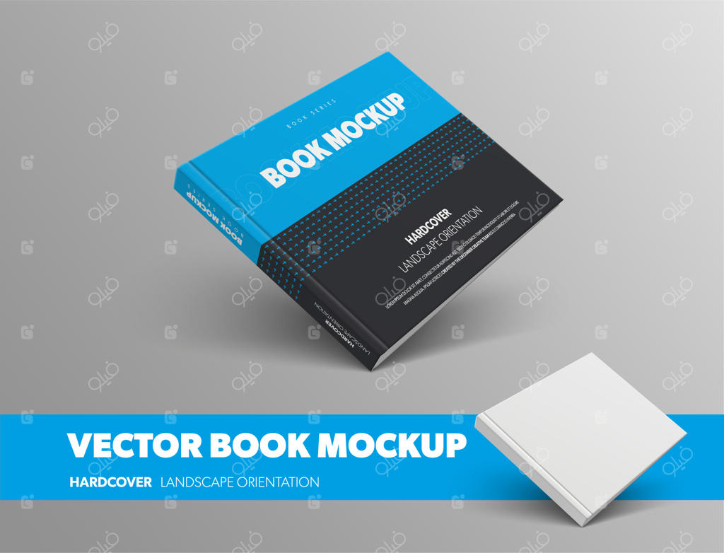 موکاپ کتاب بسته وکتور با جلد سخت افقی و طرح انتزاعی آبی و مشکی روی پس‌زمینه خاکستری؛ قالب سفید استاندارد برای ارائه طراحی