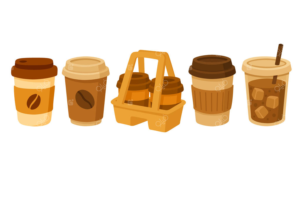 مجموعه کلیپ‌آرت از لیوان‌های قهوه و سینی برای پروژه‌های کافه و غذا، به سبک کارتونی دنج.