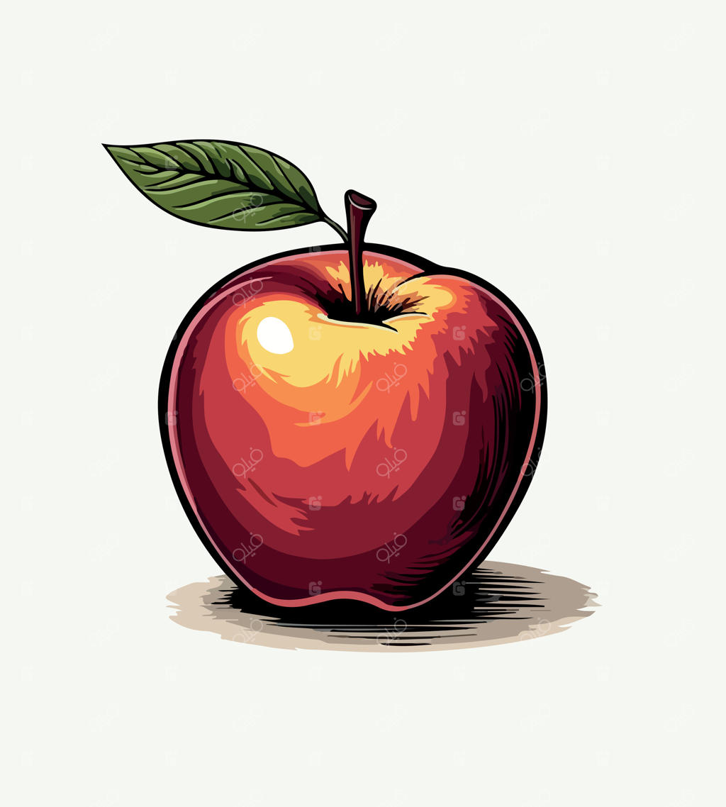 سیب با برگ و نقاشی یک برگ