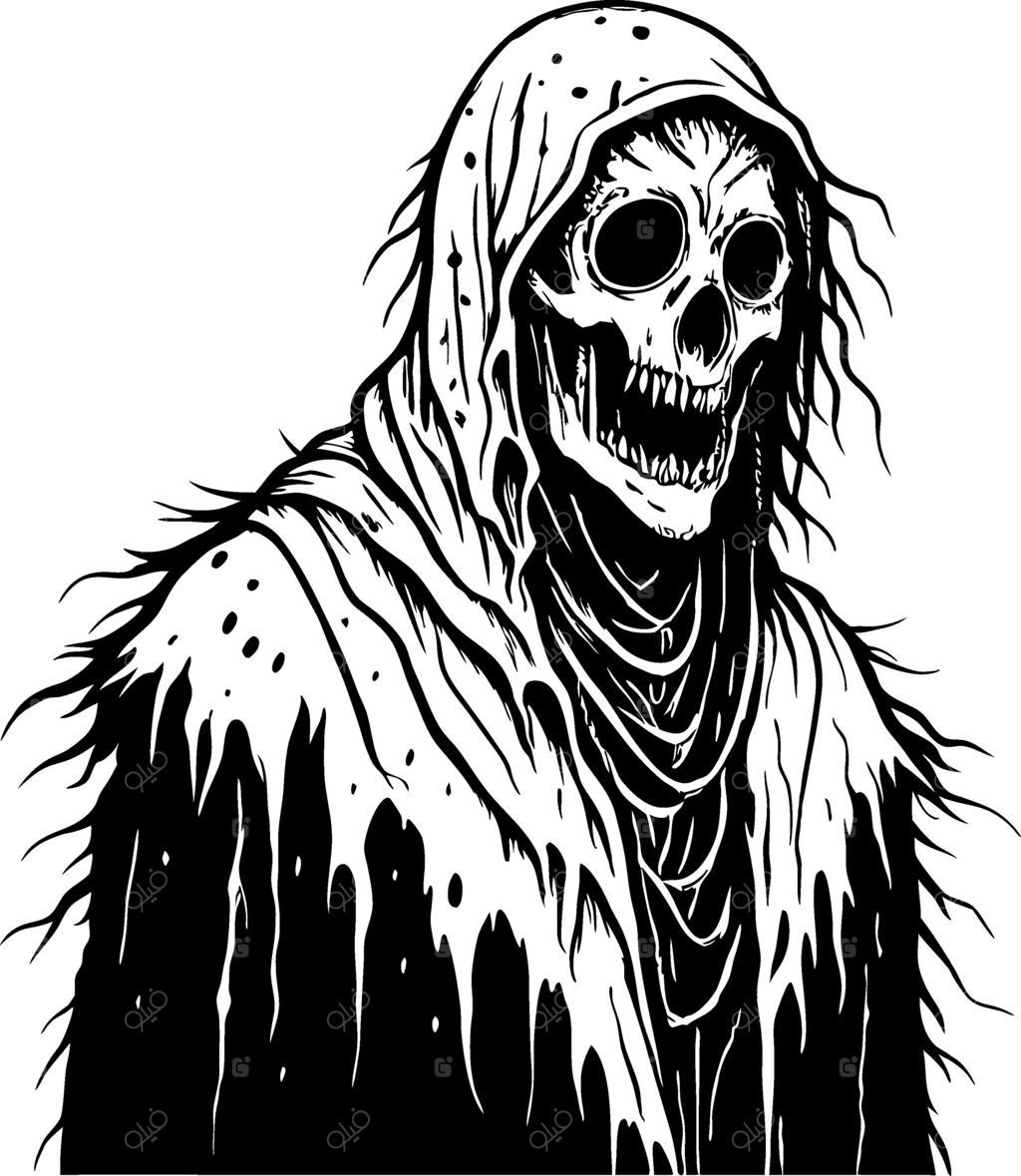 کاراکتر اسکلت وهم‌آلود با شنل کلاه‌دار مندرس برای طراحی هالووین و تاتو