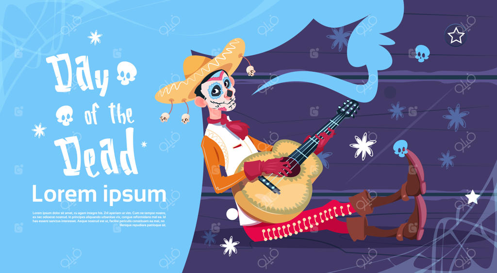 دعوت‌نامه بنر جشن هالووین سنتی مکزیکی روز مردگان - اسکلت گیتار می‌نوازد