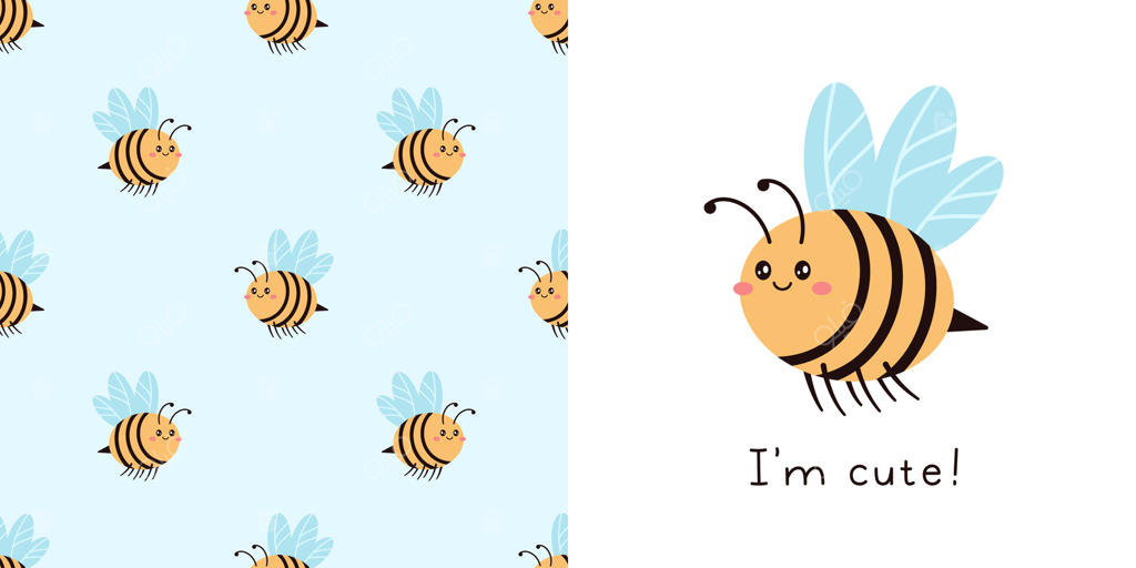 زنبور کوچولو به سبک دودل برای طراحی لباس نوزاد. کارت‌پستال با زنبور کوچولو و الگوی یکپارچه و حروف‌نگاری. چاپ کارتونی به سبک بوهمی برای اتاق کودک. بافت طراحی مخصوص پیجاما کودکان. تصویرسازی وکتور.