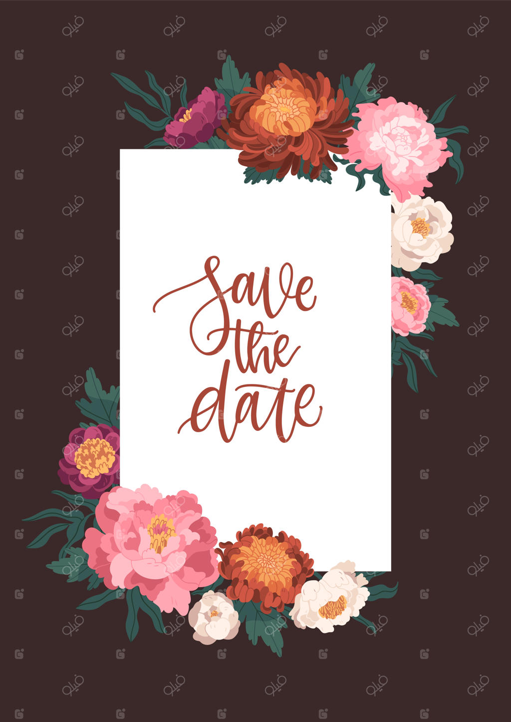 قالب کارت عمودی با تزئینات گل‌های صد تومانی ژاپنی و داوودی - طراحی تخت وکتور. قاب گل عاشقانه با گل‌های زیبا و فضای مناسب برای متن. دعوت‌نامه عروسی شیک و زیبا.