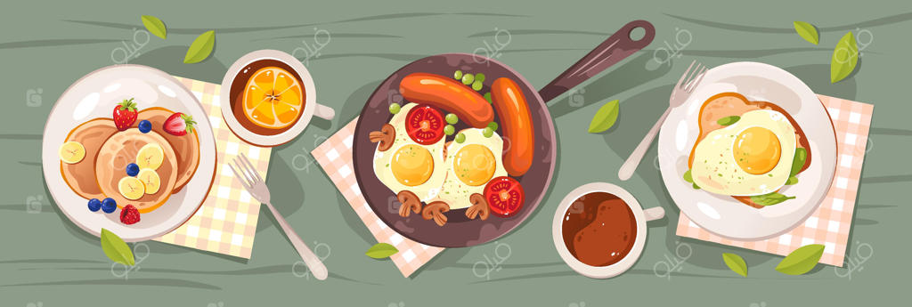 صبحانه در طبیعت: مجموعه غذایی پیک‌نیک، تخم‌مرغ همزده، سوسیس، پنکیک، توت‌فرنگی، قهوه و چای.