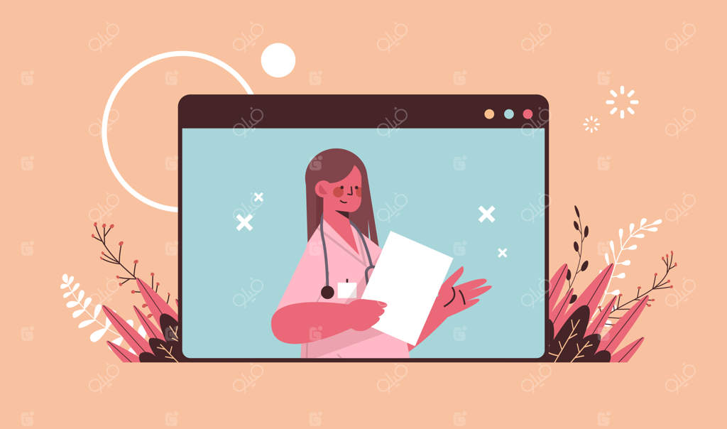 پزشک زن در پنجره مرورگر وب، مشاوره آنلاین با بیمار - مراقبت‌های بهداشتی از راه دور و توصیه‌های پزشکی