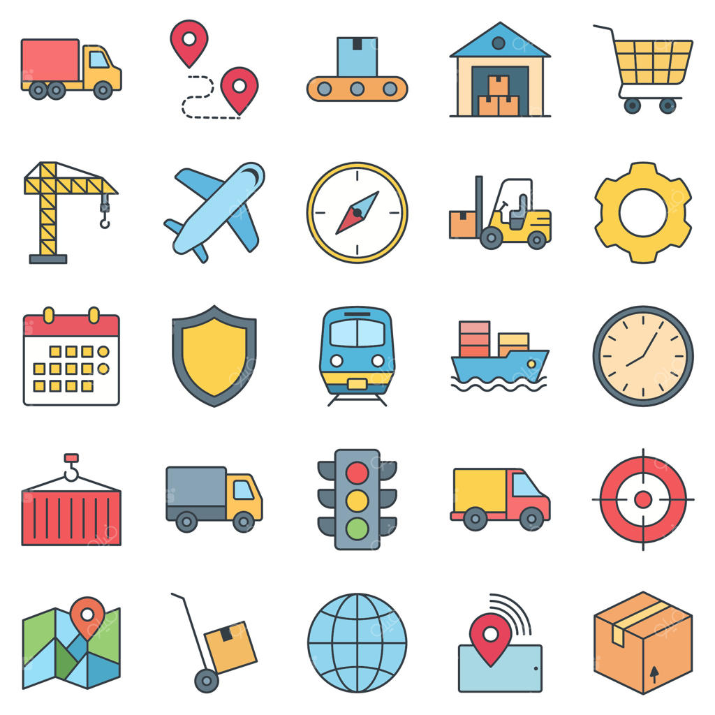آیکون‌های لجستیکی: مجموعه‌ای از نمادها مثل کامیون، هواپیما، چرخ‌دستی، چراغ راهنمایی و غیره برای طراحی لوگو و تصویرسازی مجزا