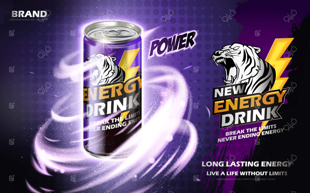 نوشابه انرژی‌زا در قوطی فلزی با نقش مرموز گردباد، پس‌زمینه بنفش