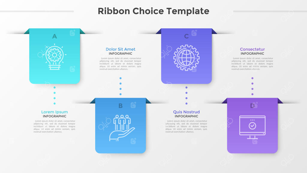 چهار عنصر نواری شکل یا نشانک با آیکون‌ها و حروف که به جعبه‌های متنی با خط‌چین متصل شده‌اند. مفهوم رابط منوی وب. قالب طراحی اینفوگرافیک. تصویر وکتور.