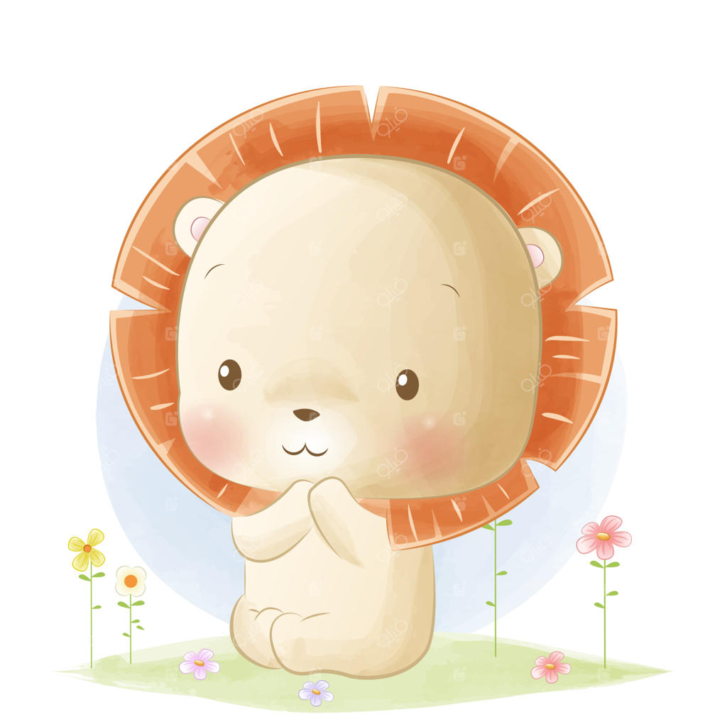 تصویرسازی آبرنگی بچه شیر بامزه نشسته روی چمن