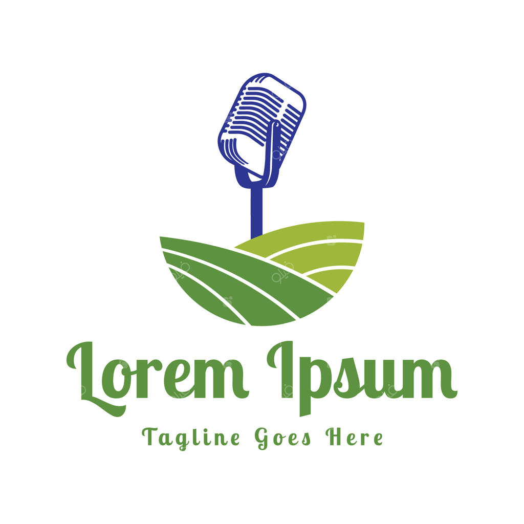 طراحی ساده و مینیمالیستی از یک مزرعه باغ سبز با آیکون میکروفون برای پادکست، پخش رادیویی، سرگرمی یا طنزپردازی و آوازخوانی