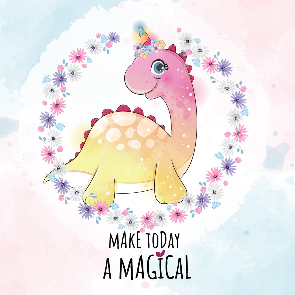 نقاشی آبرنگی حیوانات بامزه: دایناسورها و تک‌شاخ‌های کوچک با گل‌ها