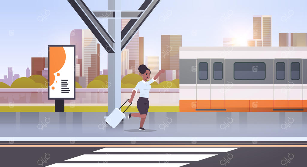 زن تاجر در حال دویدن برای گرفتن قطار - زنی با چمدان در ایستگاه راه‌آهن، حمل‌ونقل عمومی شهری، شخصیت کارتونی زنانه، نمای شهر، چشم‌انداز افقی کامل