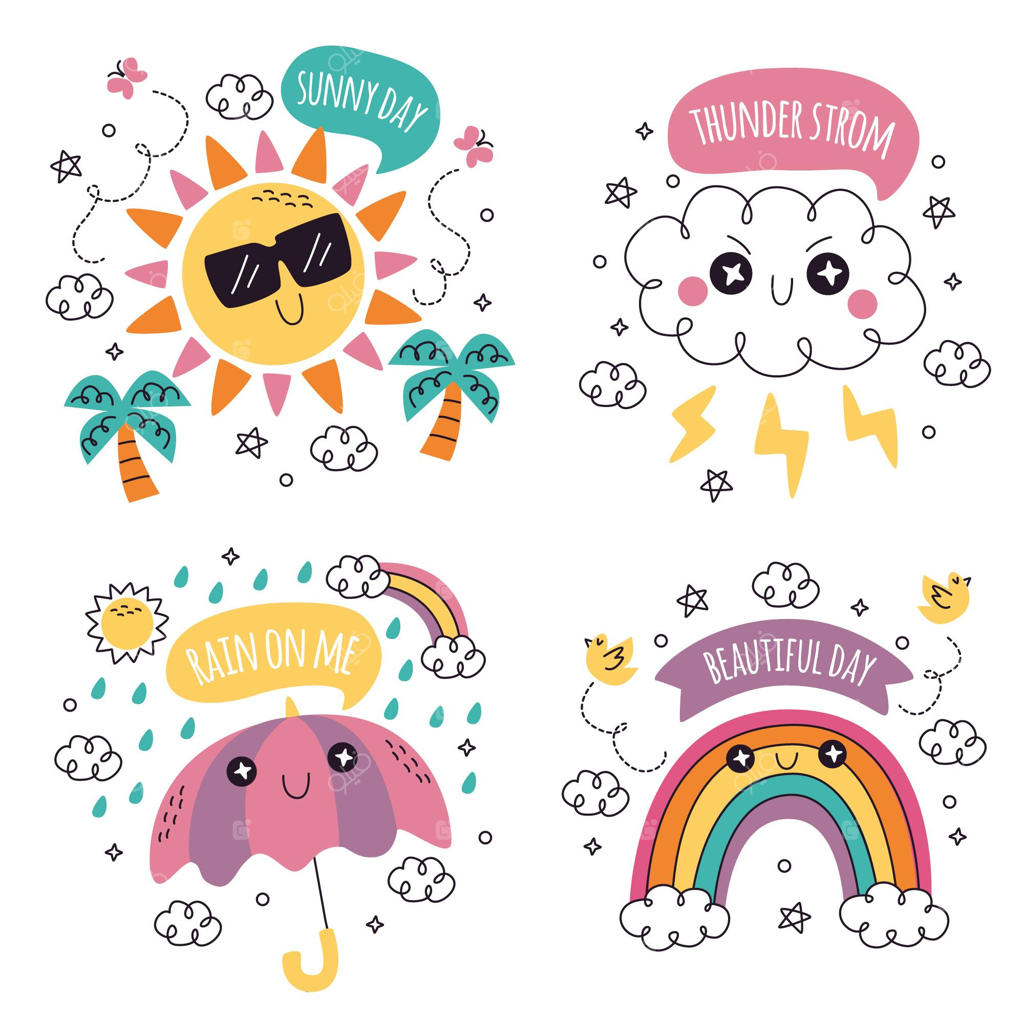 مجموعه تصاویر برچسب‌های دستی طراحی شده با موضوع آب و هوا