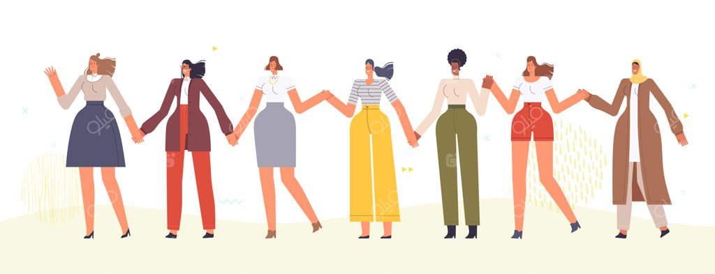 زنان دست در دست هم رقص می‌کنند. زنان چندنژادی جشن بهار را در ۸ مارس جشن می‌گیرند. پس‌زمینه سفید است.