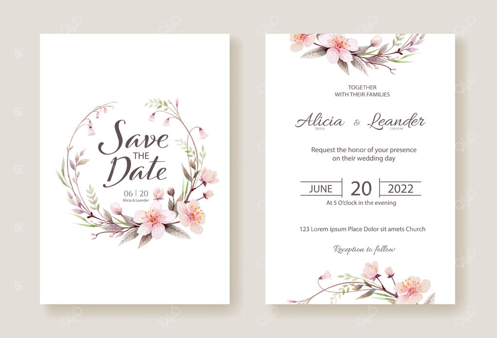 دعوتنامه عروسی با طرح شکوفه های گیلاس، الگوی کارت یادآوری تاریخ.